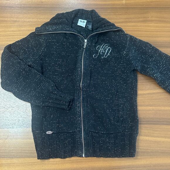 Harley Davidson Black/Silver Cotton Knit Sweater Zip Cardigan Embroidered, Large - Picture 1 of 9